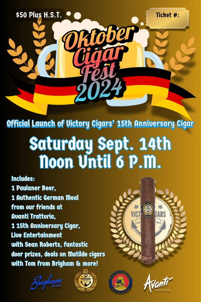 OktoberCigarFest ticket in gradient black to brown. Logos for all associated parties at the bottom and the text reads out the event details.